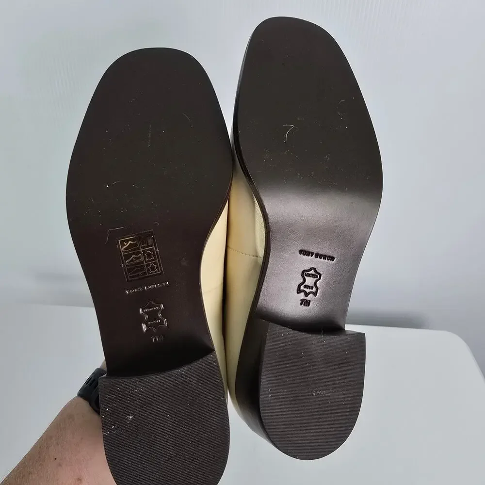 Tory Burch Eleanor Heeled Loafers Cream Leather Brass Logo Size 7M